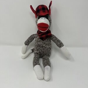 Galerie 10" Flannel Sock Monkey Plush Red & Black Buffalo Plaid Hat And Scarf